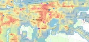 GEOLIS: EinHeatmap der Stadt Wolfsburg zeigt, welche Standorte sich gut für Ladesäulen eignen.