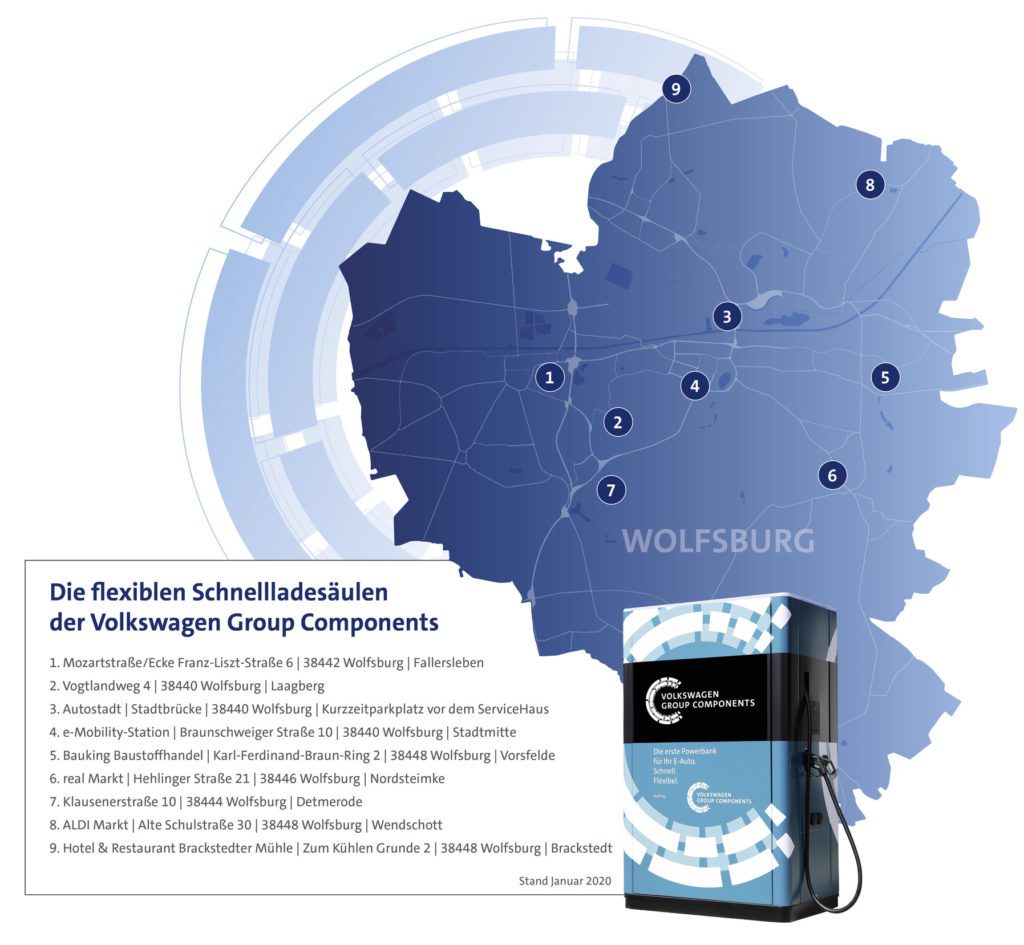 Eine Karte mit den Standorten der flexiblen Schnellladesäulen im Stadtgebiet von Wolfsburg.