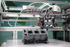 Ein 3D-Drucker druckt einen Motorblock aus Kunststoff.