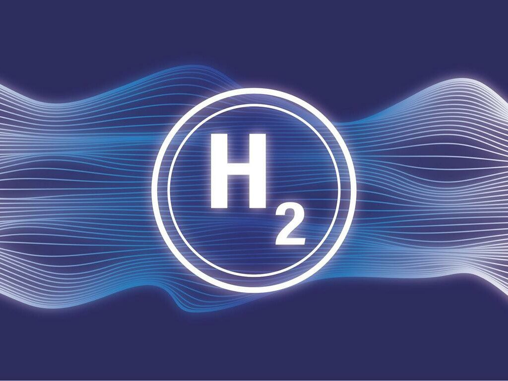 Wasserstoff-Molekül (H2) vor blauem Grund.
