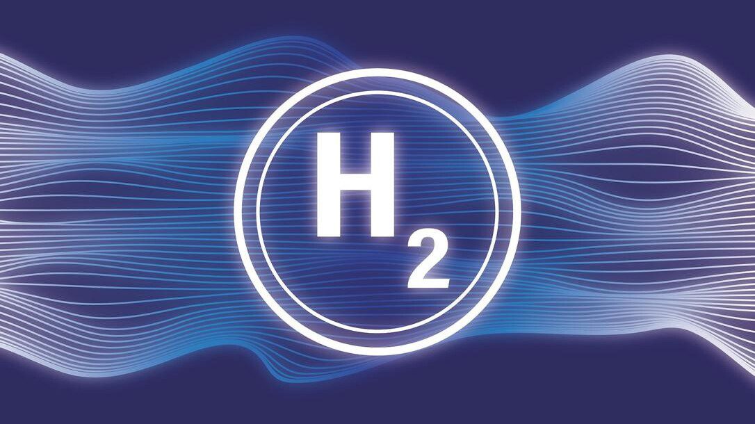 Wasserstoff-Molekül (H2) vor blauem Grund.