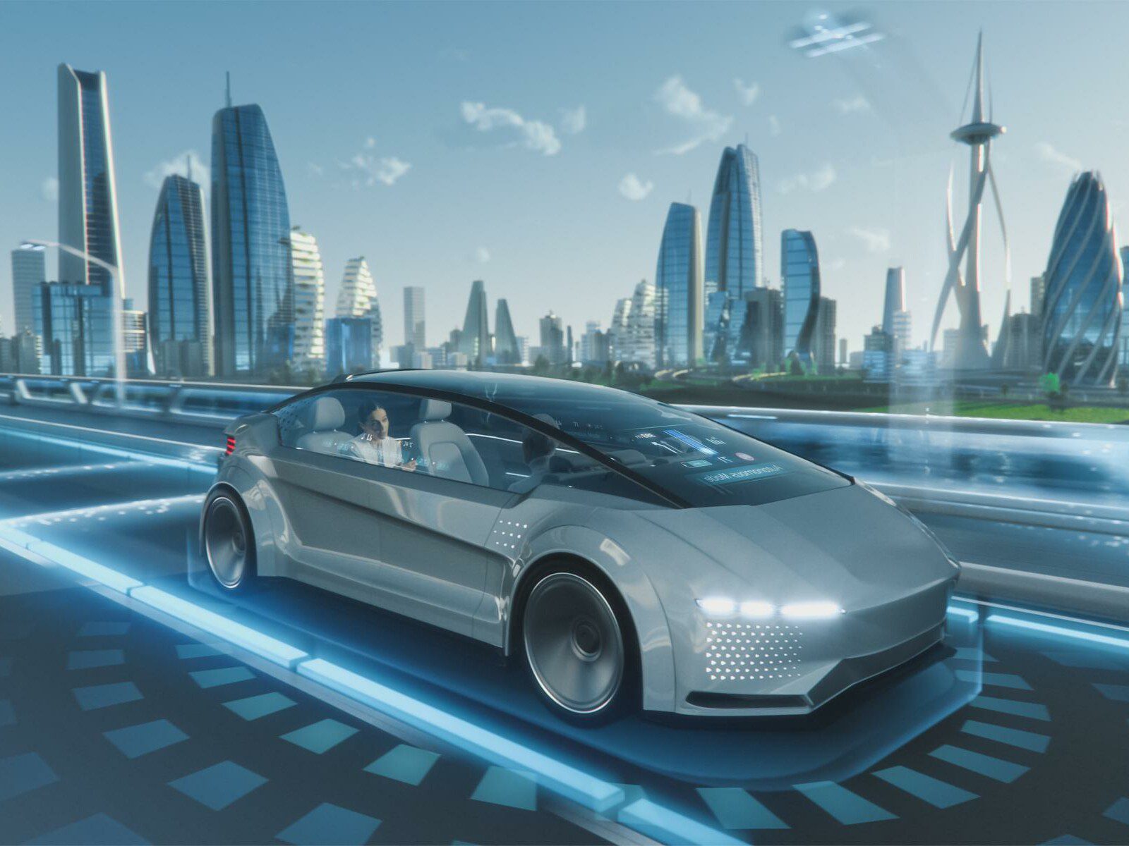 Grafik einer Zukunftsversion eines Autos vor einer Skyline.