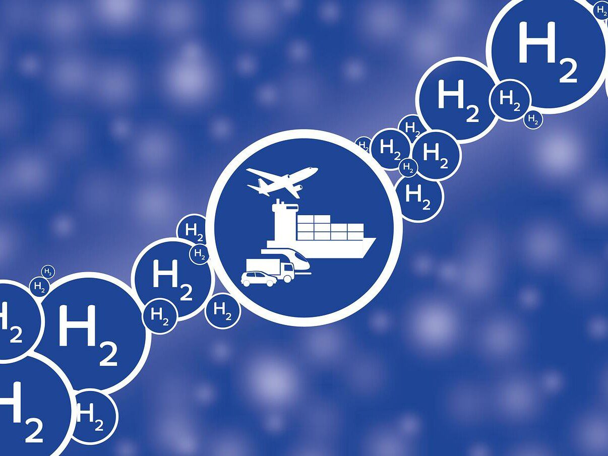 Grafik mit Wasserstoffsymbol und verschiedenen Verkehrsmitteln.