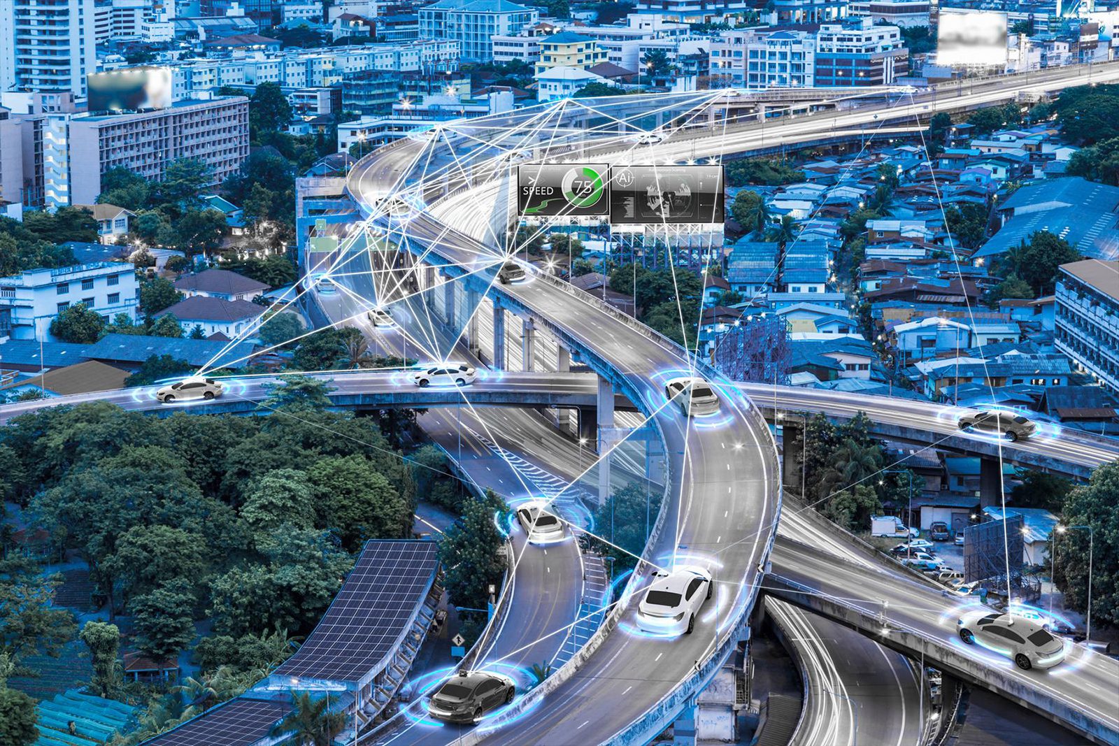 Ansicht einer Stadt mit schematisch vernetzten Autos als Symbolbild für automatisiertes Fahren