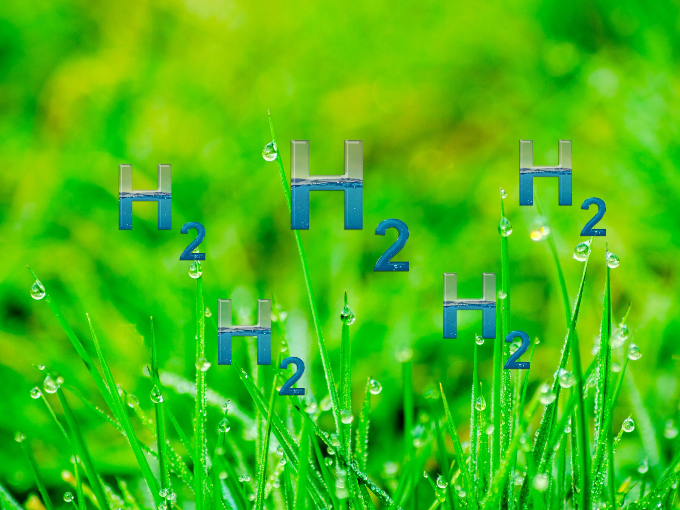 Der Buchstabe H und die Zahl 2 als Symbol für Wasserstoff vor einer grünen Wiese mit Regentropfen