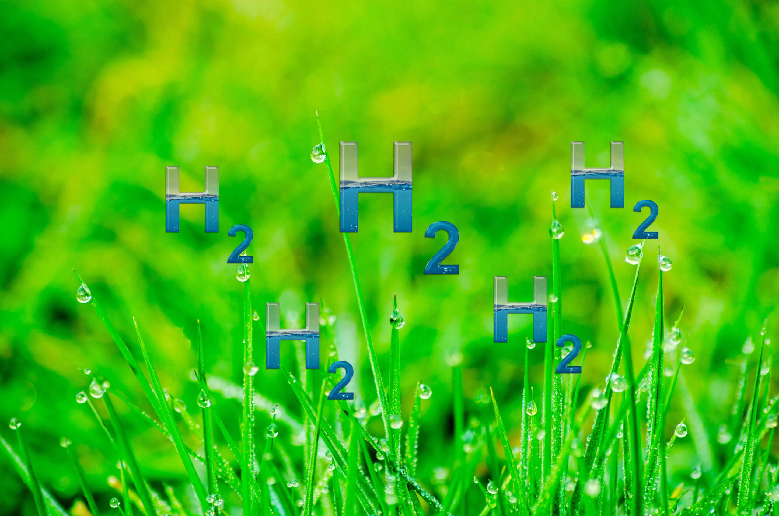 Der Buchstabe H und die Zahl 2 als Symbol für Wasserstoff vor einer grünen Wiese mit Regentropfen