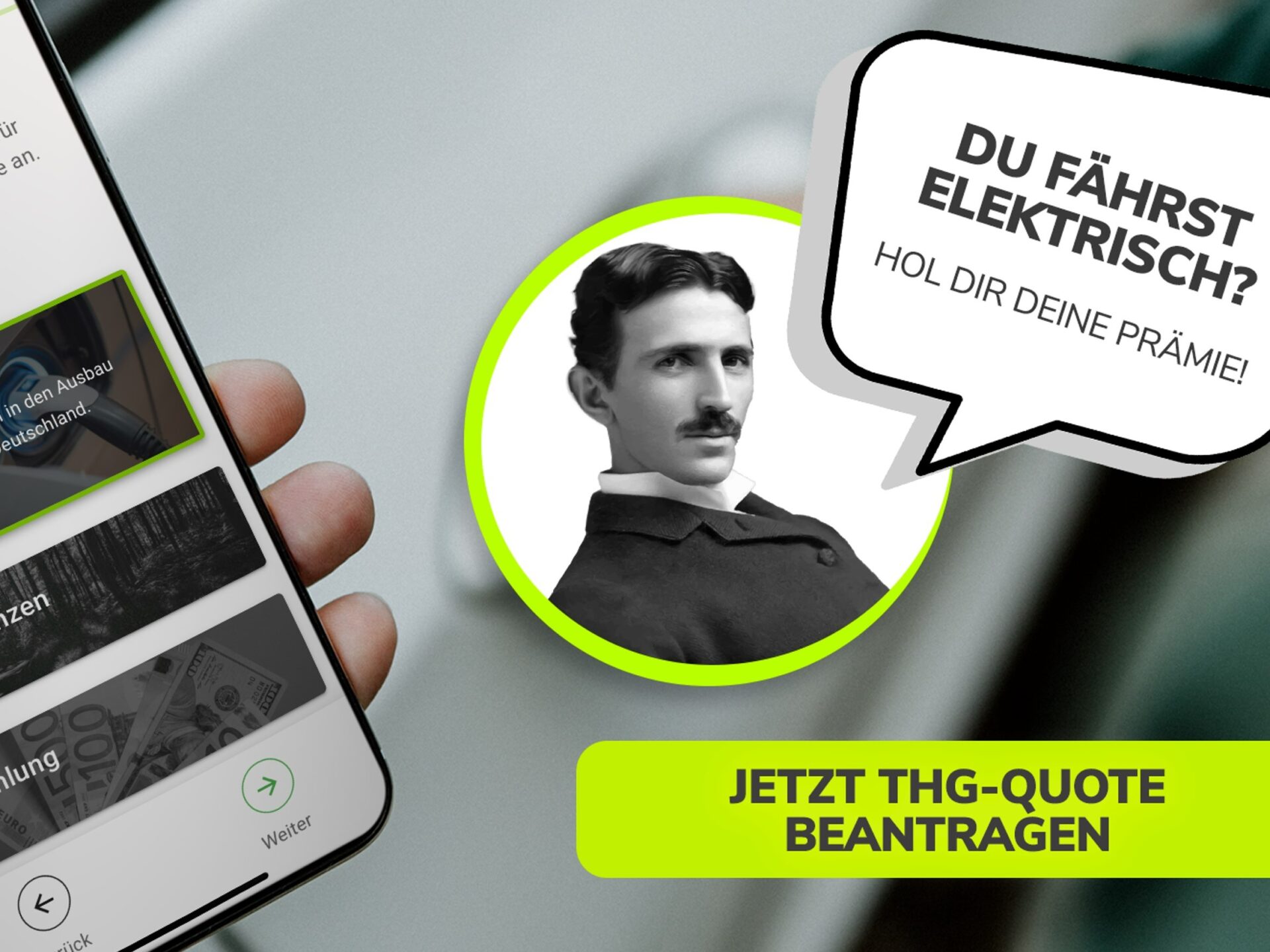Ein Werbeplakat mit dem Portrait von Niklas Tesla, mit Sprechlase. Du fährst elektrisch? Hol Dir Deine Prämie!