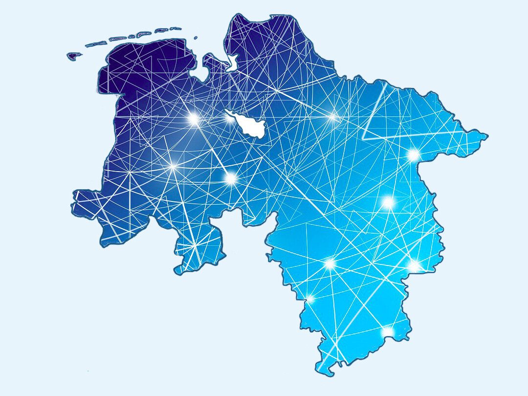 Die Silhouette des Landes Niedersachsen gefüllt mit einem symbolischen Netzwerk