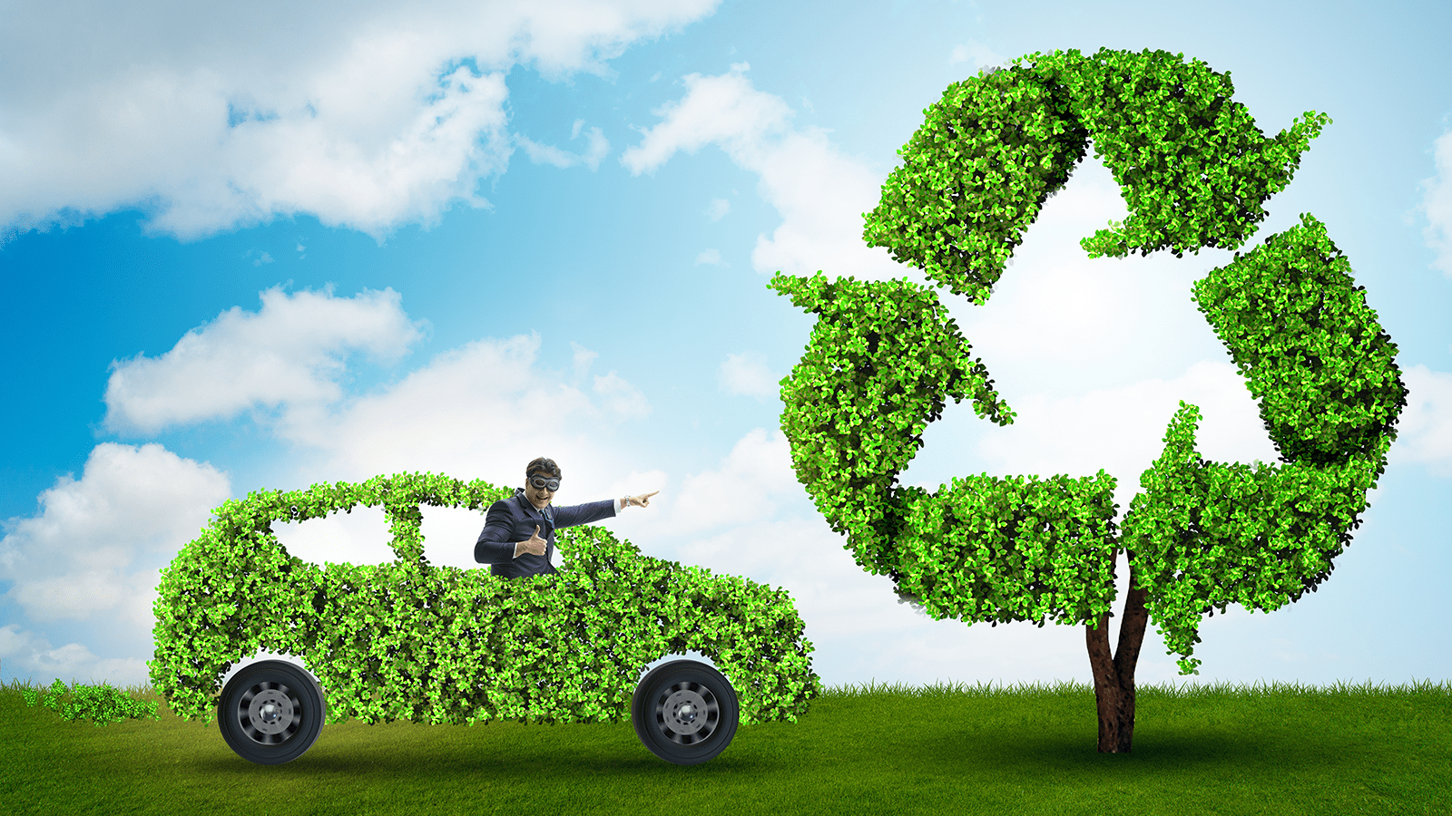 Illustration eines mit Blättern besetzten Autos und eines ebenfalls mit Blättern besetzten Recycling-Symbols