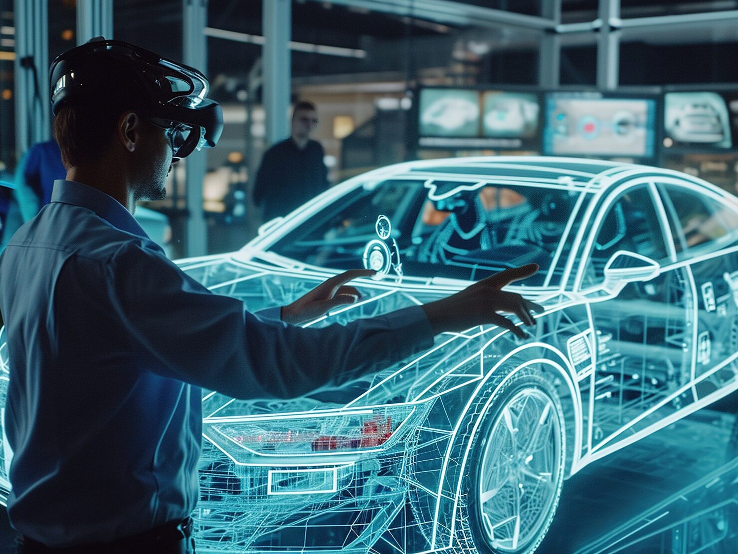 Ein Mann mit AR-Headset arbeitet an einem virtuellen Auto-Modell.