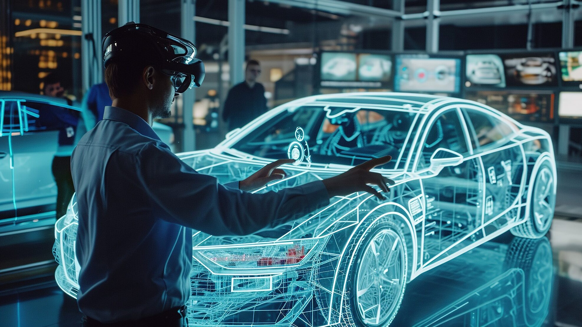 Ein Mann mit AR-Headset arbeitet an einem virtuellen Auto-Modell.